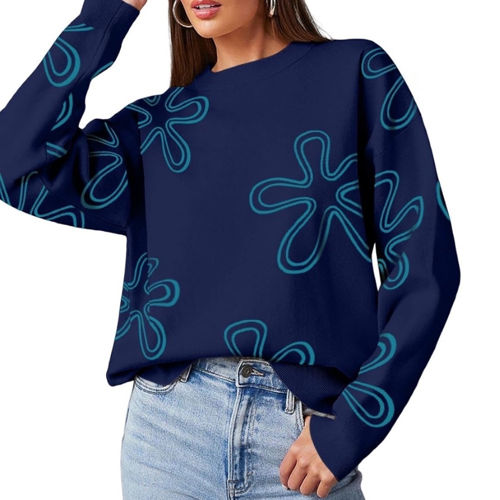 Dokotoo Floral Crewneck Sweater Women Size M New Navy Blue Knit Pullover